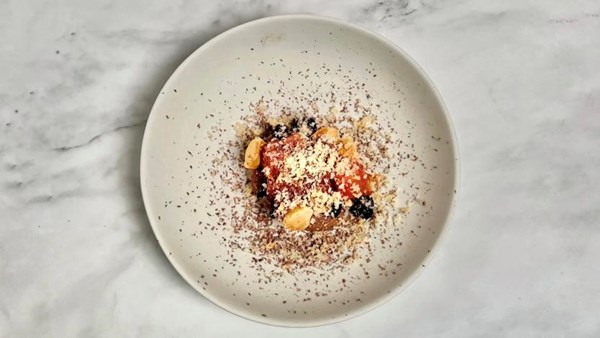 Cacao gateaux with sour rhubarb and vanilla caramel sauce [Kirk Haworth]