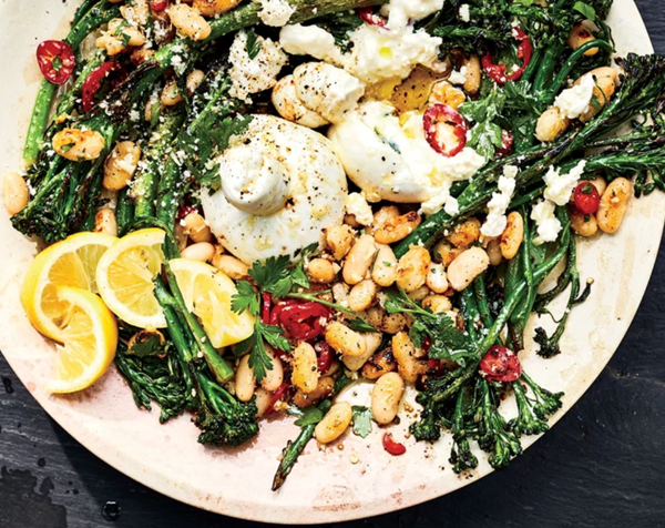 Cacio e pepe broccolini with crispy white beans and burrata