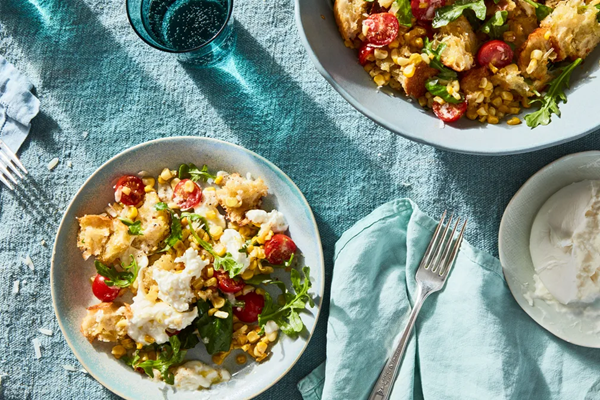 Cacio e pepe panzanella with corn & burrata
