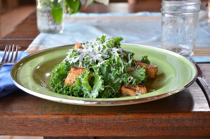Caesar kale salad with homemade croutons