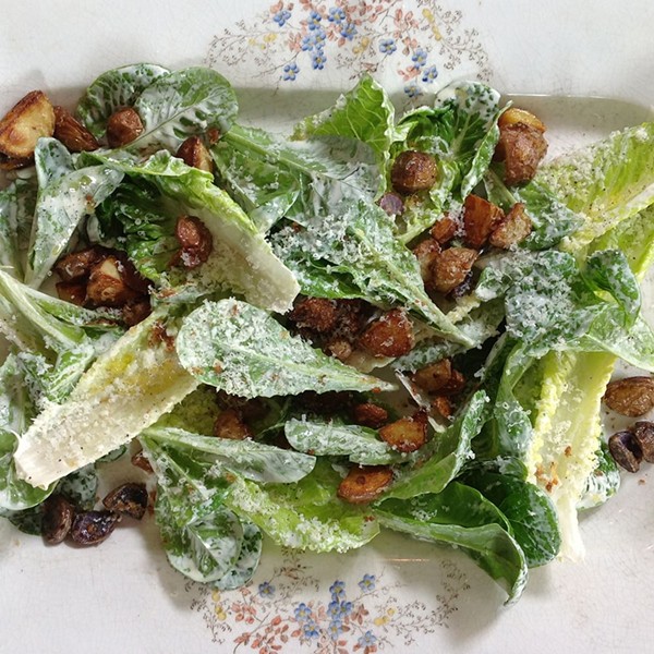 Caesar salad with anchovy-Parmesan potato croutons
