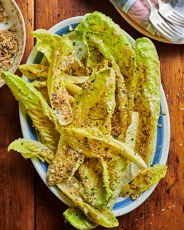 Caesar salad with garlic butter breadcrumbs