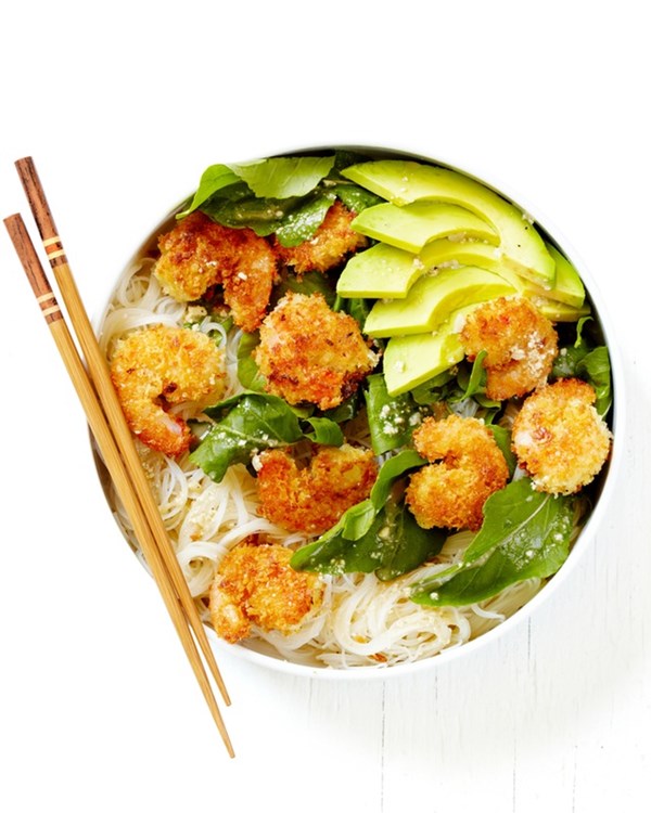 Caesar shrimp and avocado noodle bowls