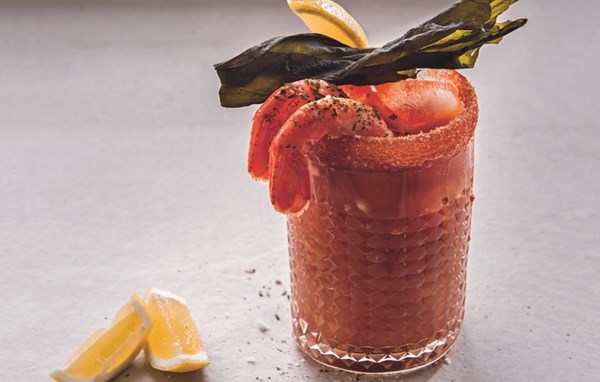 Caesar with seaweed vodka "prawn cocktail" and smoked sea salt and maple rim
