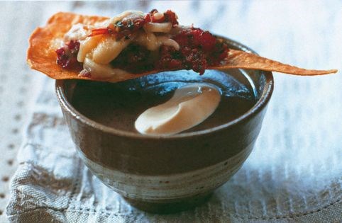 Cajun black bean soup with smoked tomato nachos