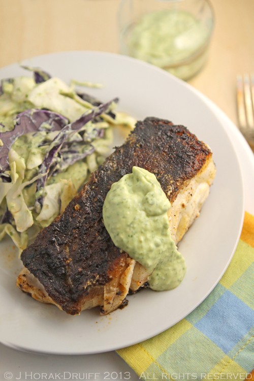 Cajun blackened cod with creamy avocado dressing