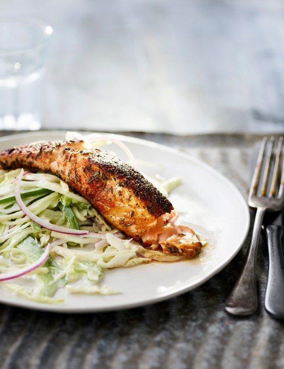 Cajun-blackened salmon with crunchy green slaw