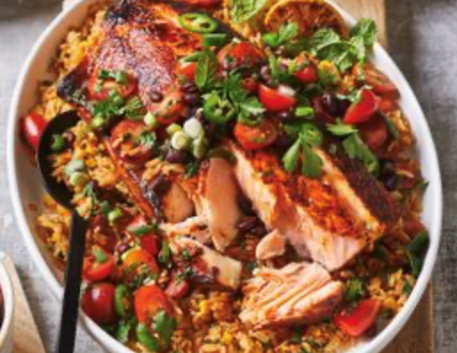 Cajun dirty rice with blackened salmon