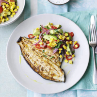 Cajun fish with sweetcorn and avocado salad