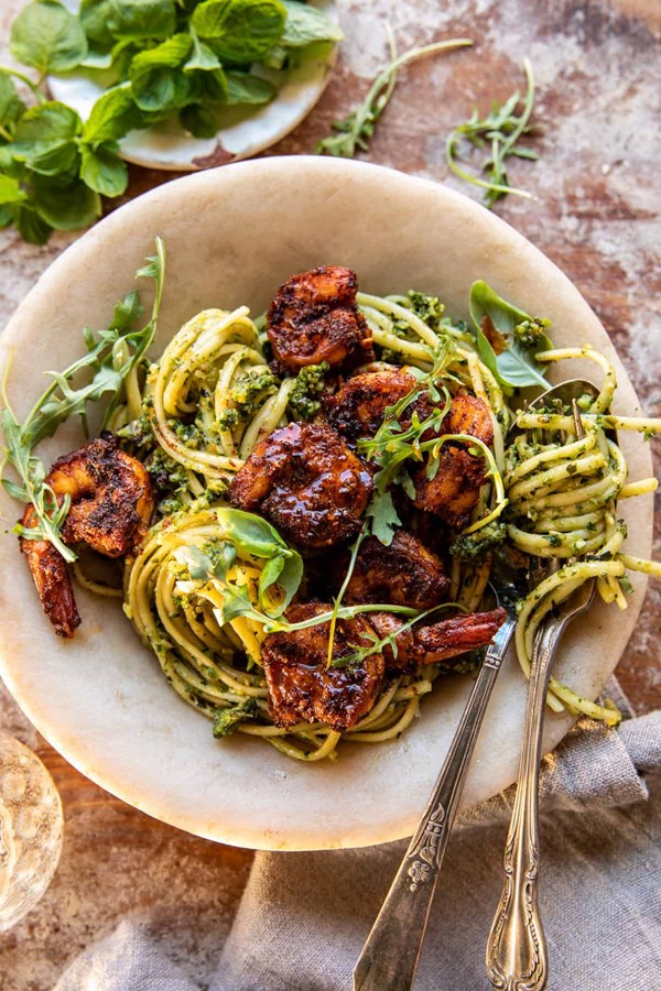 Cajun garlic butter shrimp with creamy pesto pasta