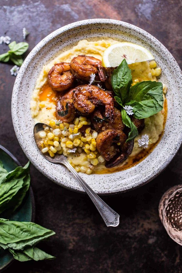 Cajun garlic lemon butter shrimp with caramelized corn polenta