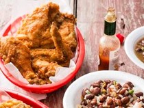 Cajun Moon funky fried chicken and New Orleans-style vegetarian red beans and rice