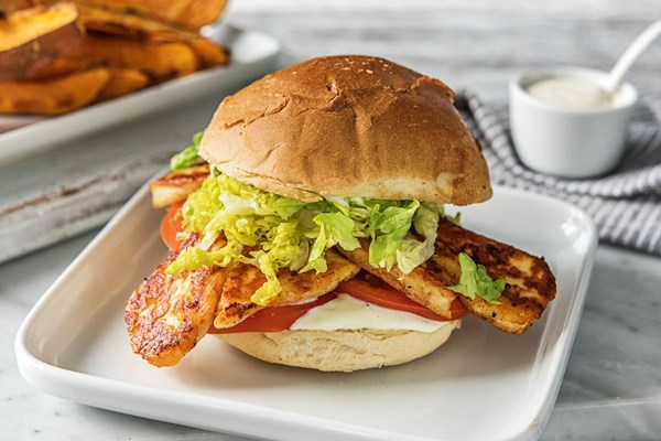 Cajun (or Mexican) halloumi burgers with chunky sweet potato chips