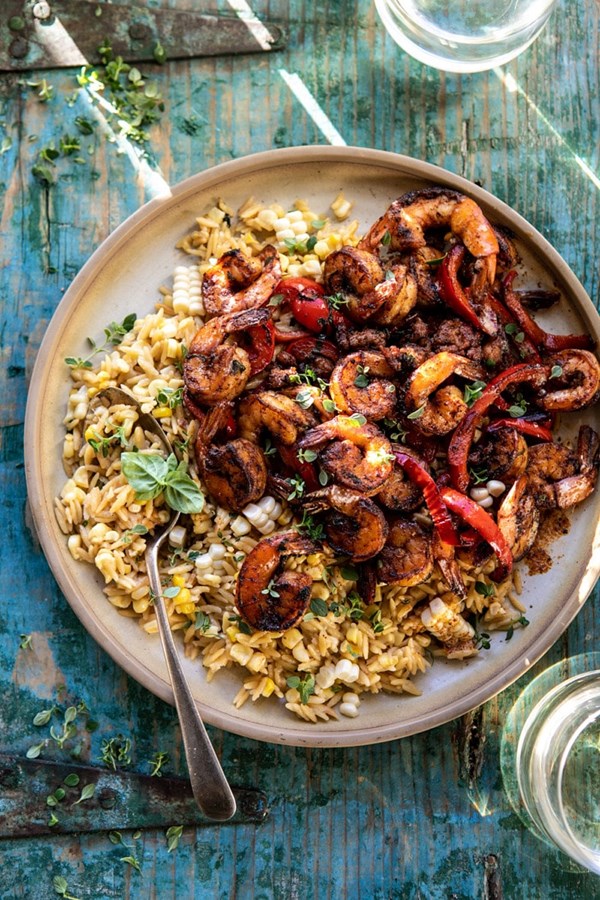 Cajun pepper shrimp with creamed corn orzo