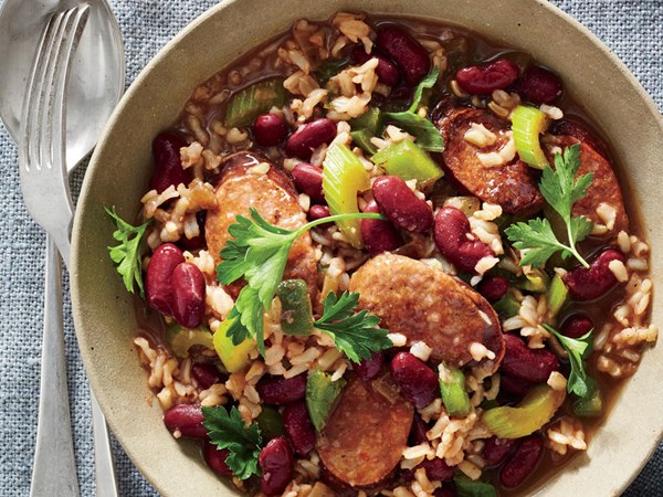 Cajun red beans and brown rice with andouille