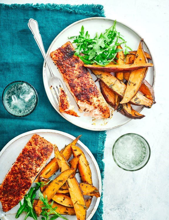 Cajun salmon with rosemary sweet potato wedges