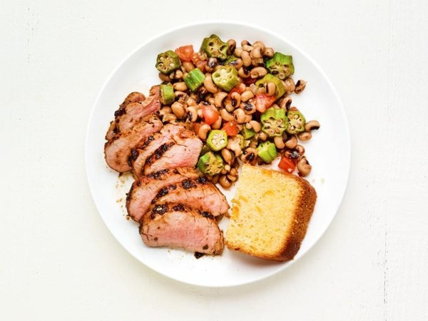 Cajun spiced pork with okra and black-eyed peas 
