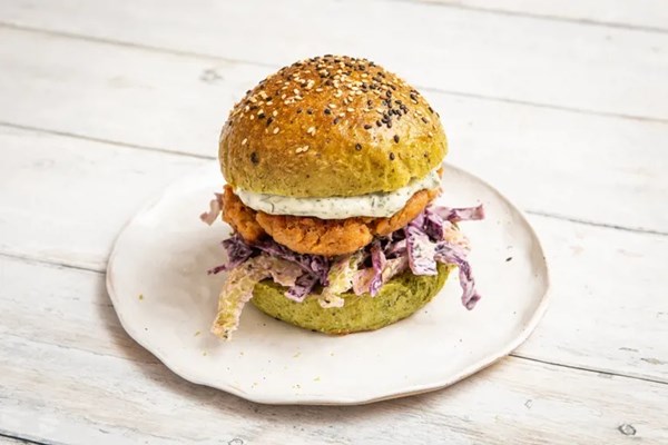 Cajun-spiced salmon burgers with lime coleslaw and spinach buns