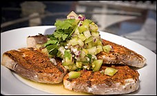 Cajun-spiced swordfish with green tomato salsa