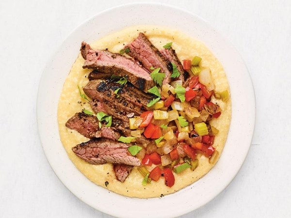 Cajun steak and grits 