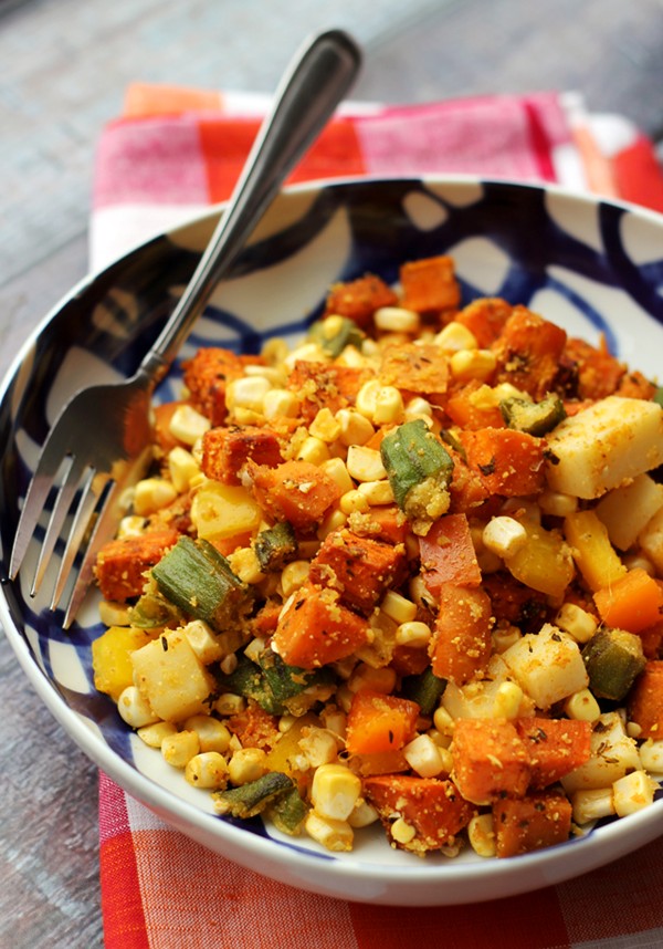 Cajun sweet potato salad with cornmeal-crusted okra, corn and bell peppers