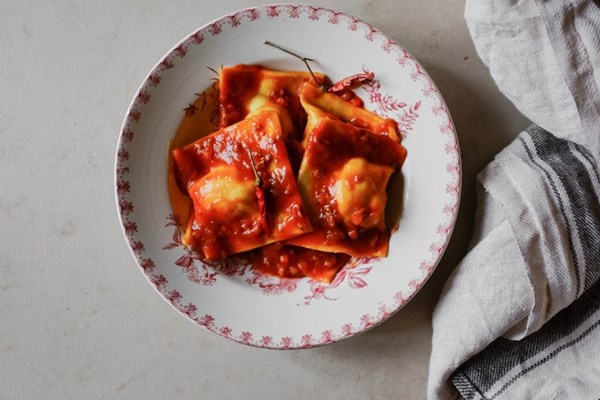 Calabrian ravioli filled with provola, soppressata and pecorino (Ravioli alla Calabrese) 