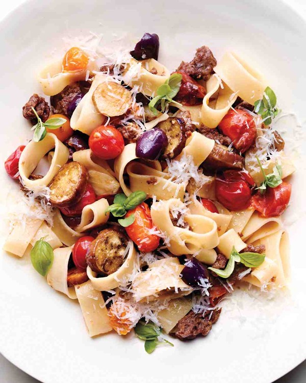 Calamarata with roasted eggplants, tomatoes, and olives