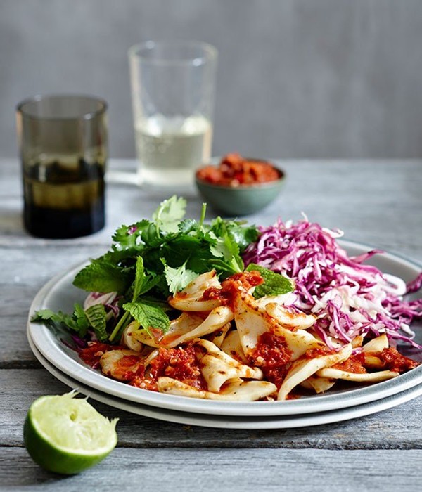 Calamari and pounded sambal with cabbage salad