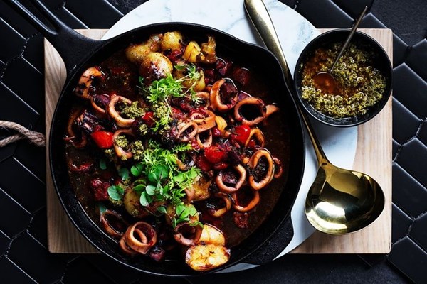 Calamari casserole with green chilli romesco