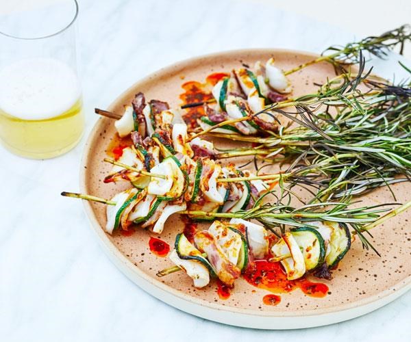 Calamari skewers with 'nduja vinaigrette