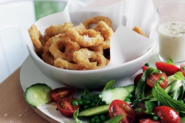Calamari with lemon aioli and pea & mint salad
