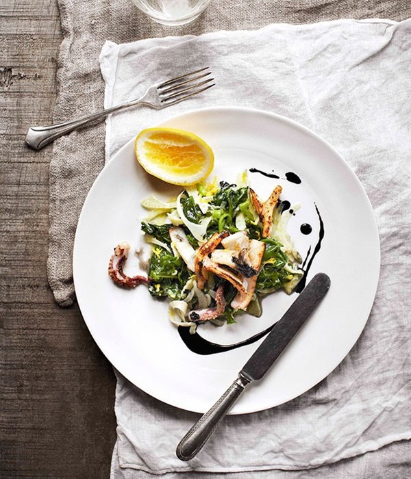 Calamari with lemon, garlic and Ceylon spinach [George Biron]