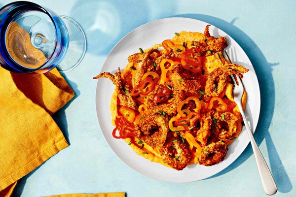 Calamari with pickled peppers and almond romesco