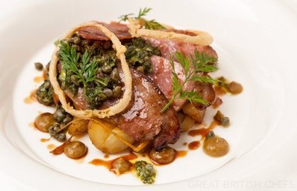 Calf's liver with sage salsa verde, caper, raisins, potatoes and crispy ham