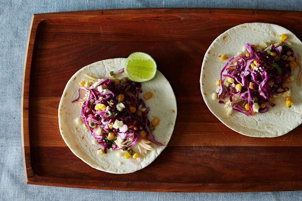 California chicken tacos with corn and red cabbage slaw