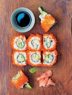 California inside-out maki roll with crab, avocado, cucumber & tobiko eggs