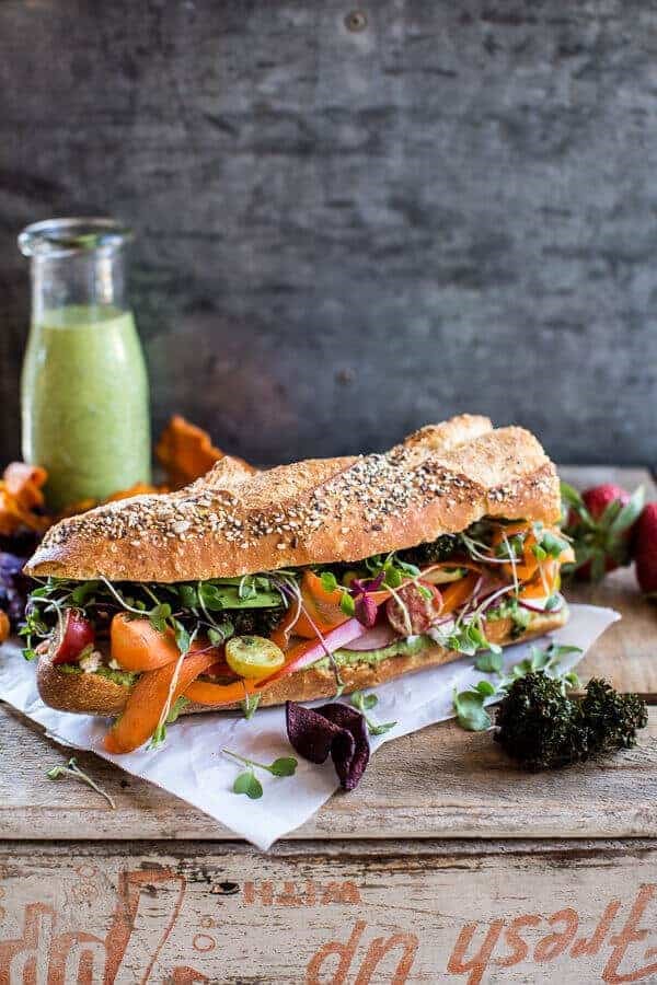 California rainbow veggie sub with goddess dressing + chipotle BBQ ranch kale chips
