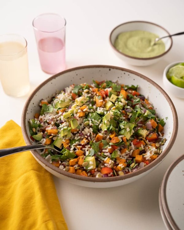 California rice salad with creamy avocado dressing