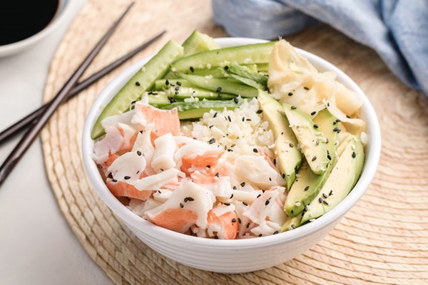 California roll in a bowl with cauliflower rice
