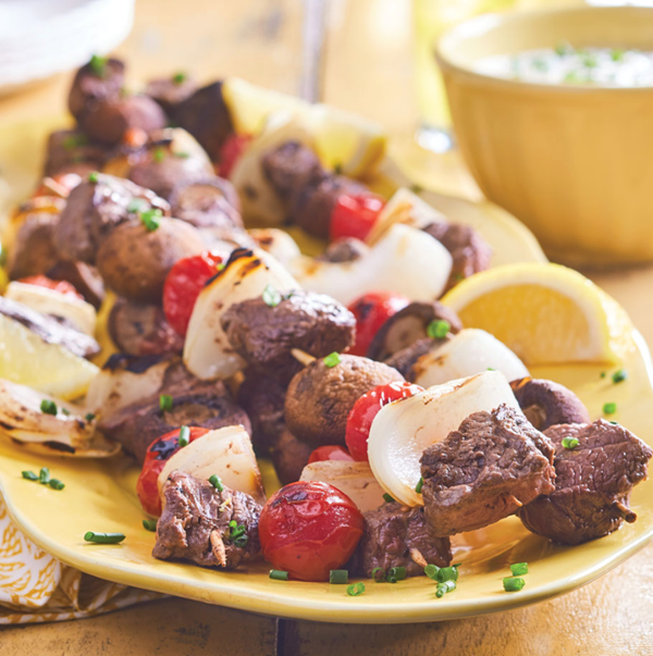 California steak kebabs with creamy chive sauce