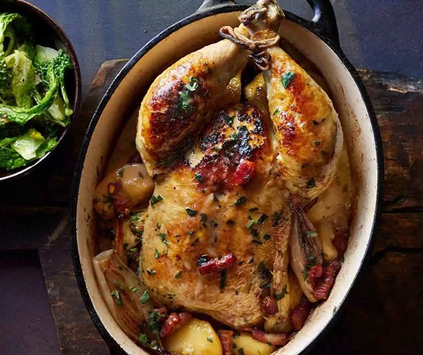 Calvados & cream pot-roast chicken (Poulet à la Normande)