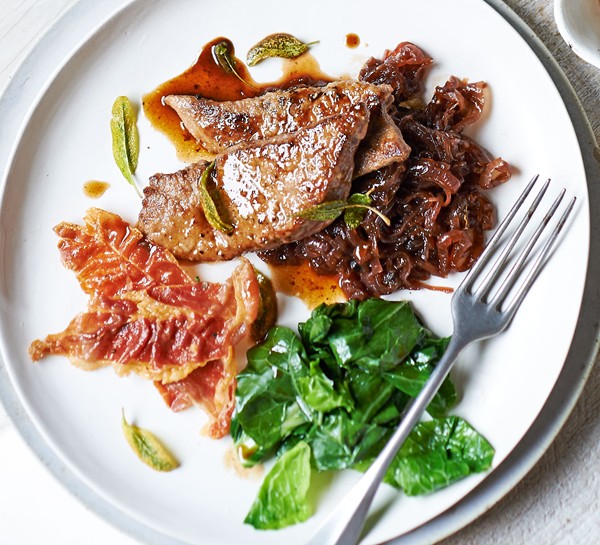 Calves' liver with sticky onion relish & prosciutto 