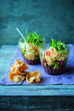 Camargue red rice with avocado salsa, Coronation quail's eggs and poppadom crisps