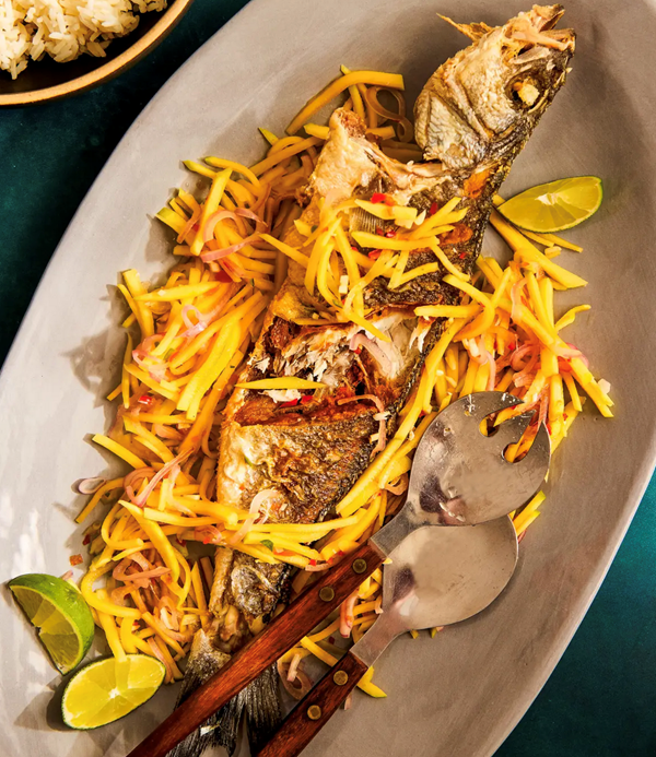 Cambodian fried fish with green mango salad