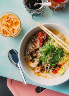 Cambodian noodle soup (Kuy teav Phnom Penh) [Nite Yun, Nyum Bai]