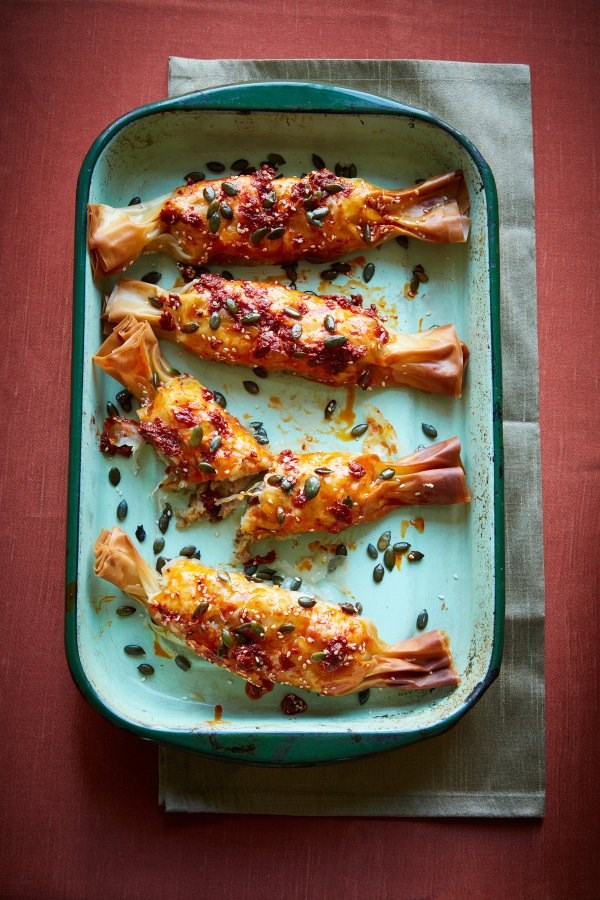 Camembert and chestnut filo christmas crackers