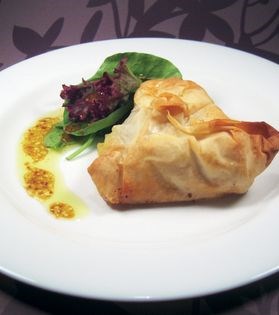 Camembert filo parcels with mustard drizzle