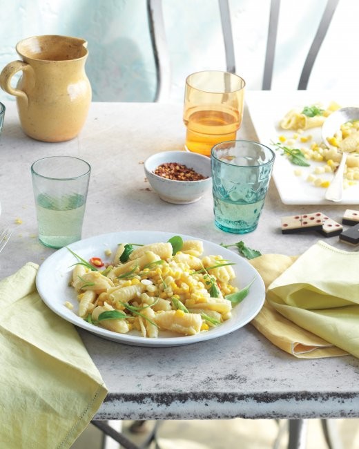 Campanelle with corn, scallions, and arugula