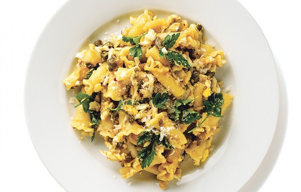 Campanelle with eggs and capers