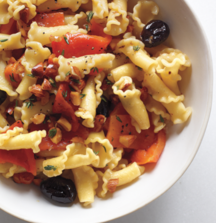 Campanelle with roasted red peppers and almonds